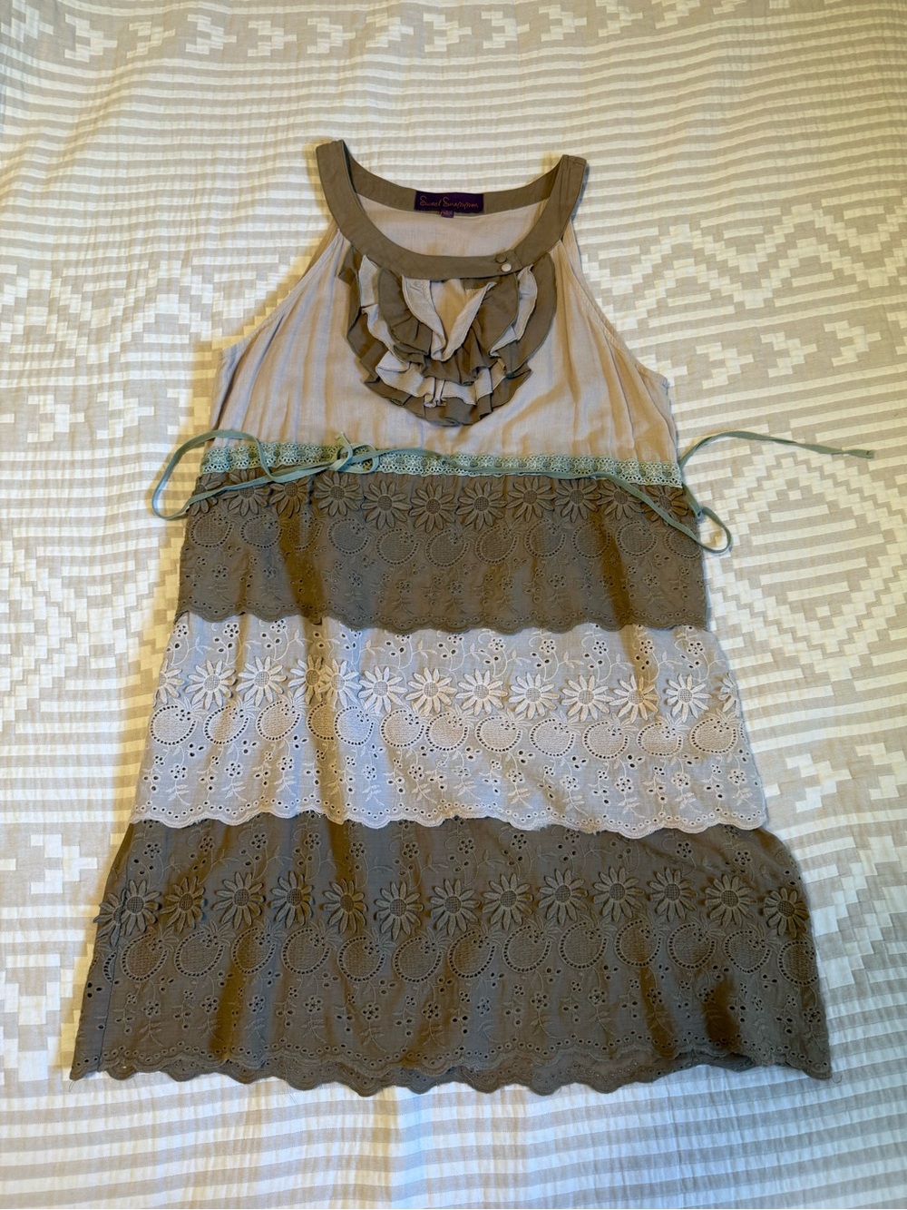 Tiered Eyelet Dress with Ruffle Neck in Taupe and Cream